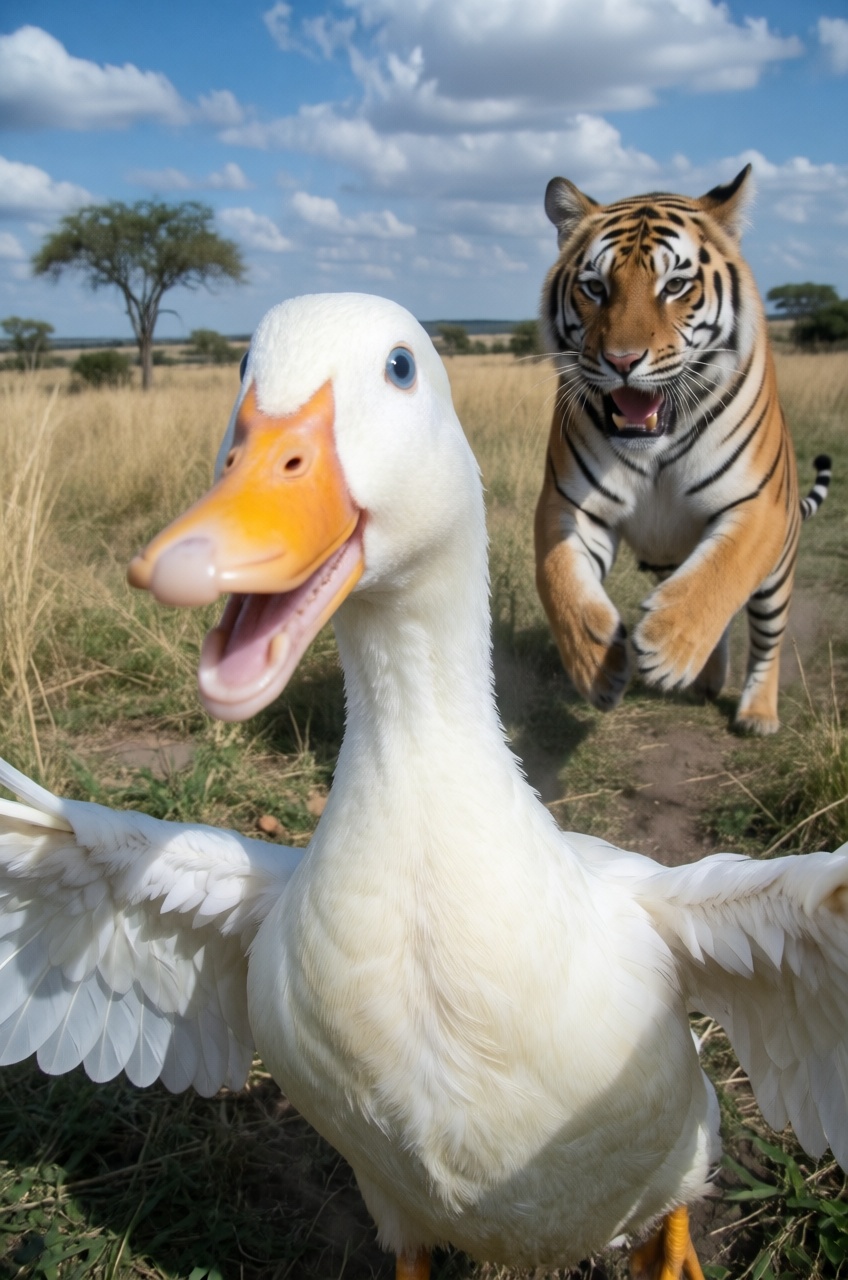 a close-up shot photography captures an excited,  wide-eyed domestic white duck as the primary non-human subject seemingly...