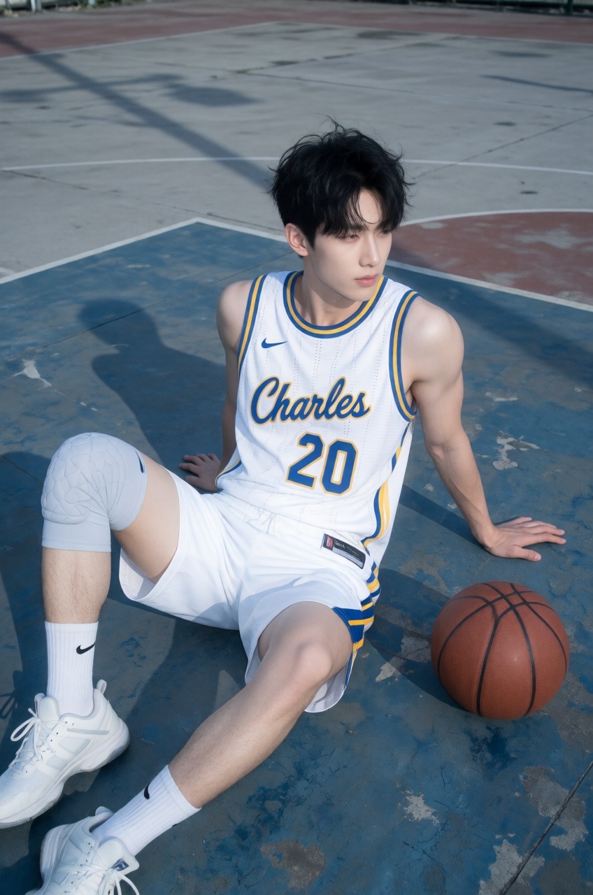 a full-length portrait photography of a muscular man resting on an outdoor concrete basketball court with a leather basket...