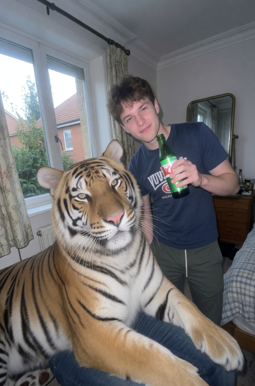 tiger and a young man,  candid ,  casual attire on Tensor.Art