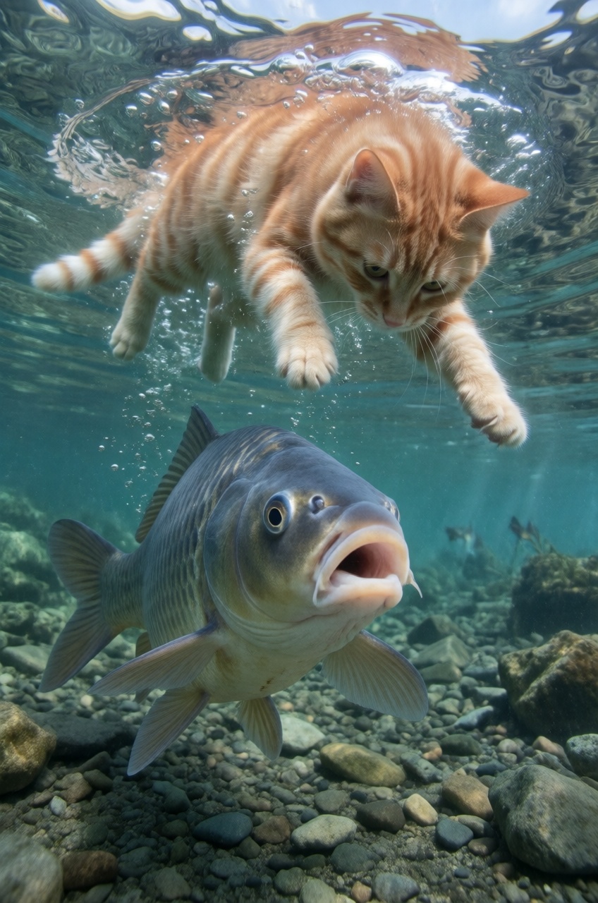 A dramatic hyperrealistic humorous and surreal hyperrealistic underwater shot,  capturing a moment of interaction between...