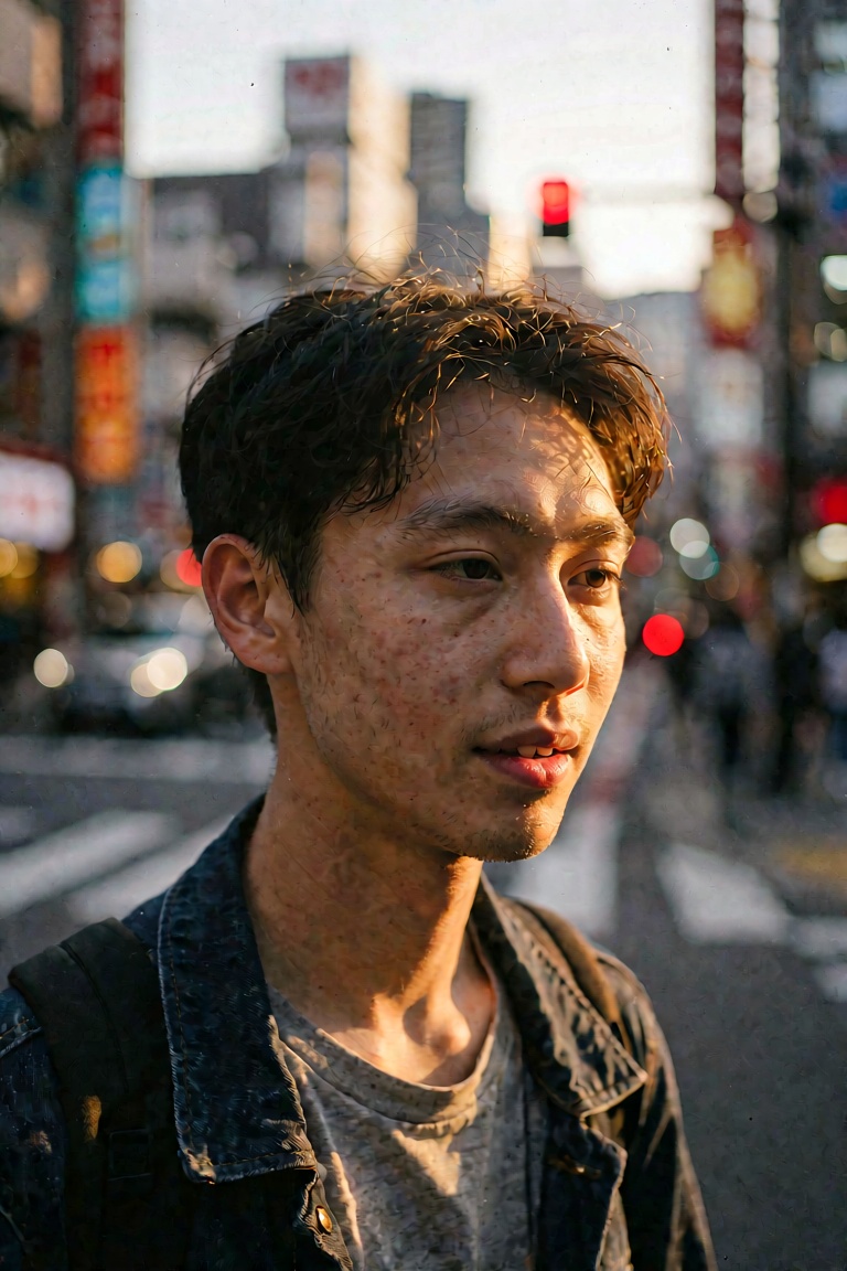 A cinematic candid street photography portrait of [trigger word] walking through the neon-lit streets of Tokyo at golden h...