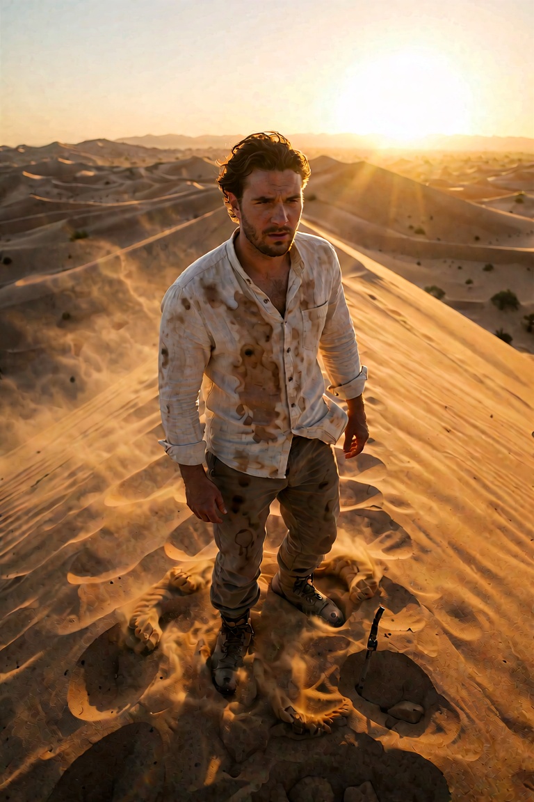 A wide cinematic hero shot of [trigger word] as a desert explorer standing on top of a massive sand dune. Shot on IMAX 15/...