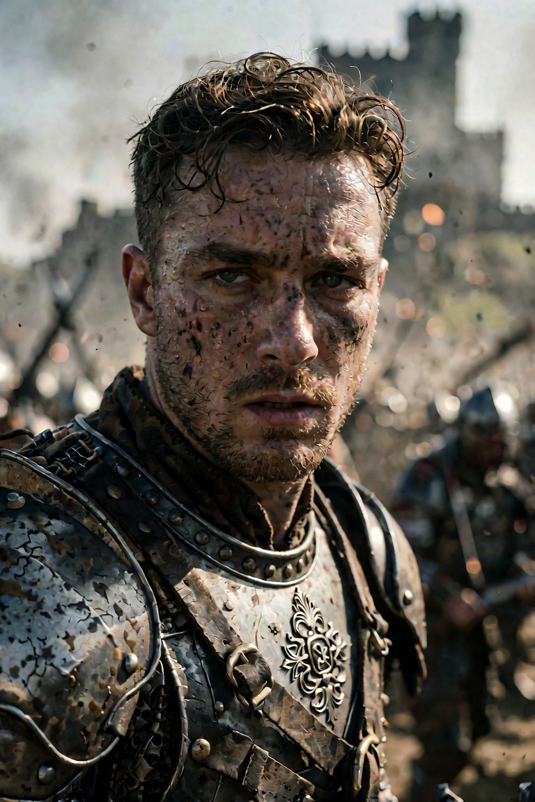 A dramatic cinematic film still of [trigger word] as a warrior king on a medieval battlefield. Shot on RED V-Raptor,  65mm...