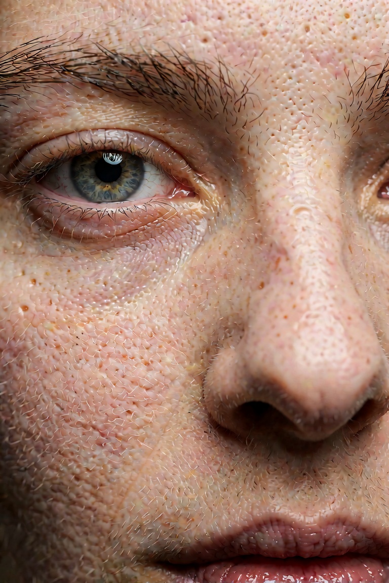 An extreme macro close-up photographic portrait focusing on the face of [trigger word]. Shot on a 100mm macro lens at f/8...