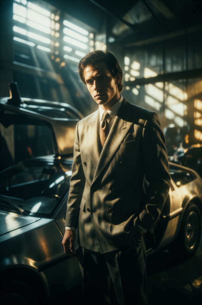 Intense low-angle wide shot of a man with a sharp 1980s slicked-back Wall Street hairstyle,  wearing a double-breasted pow...