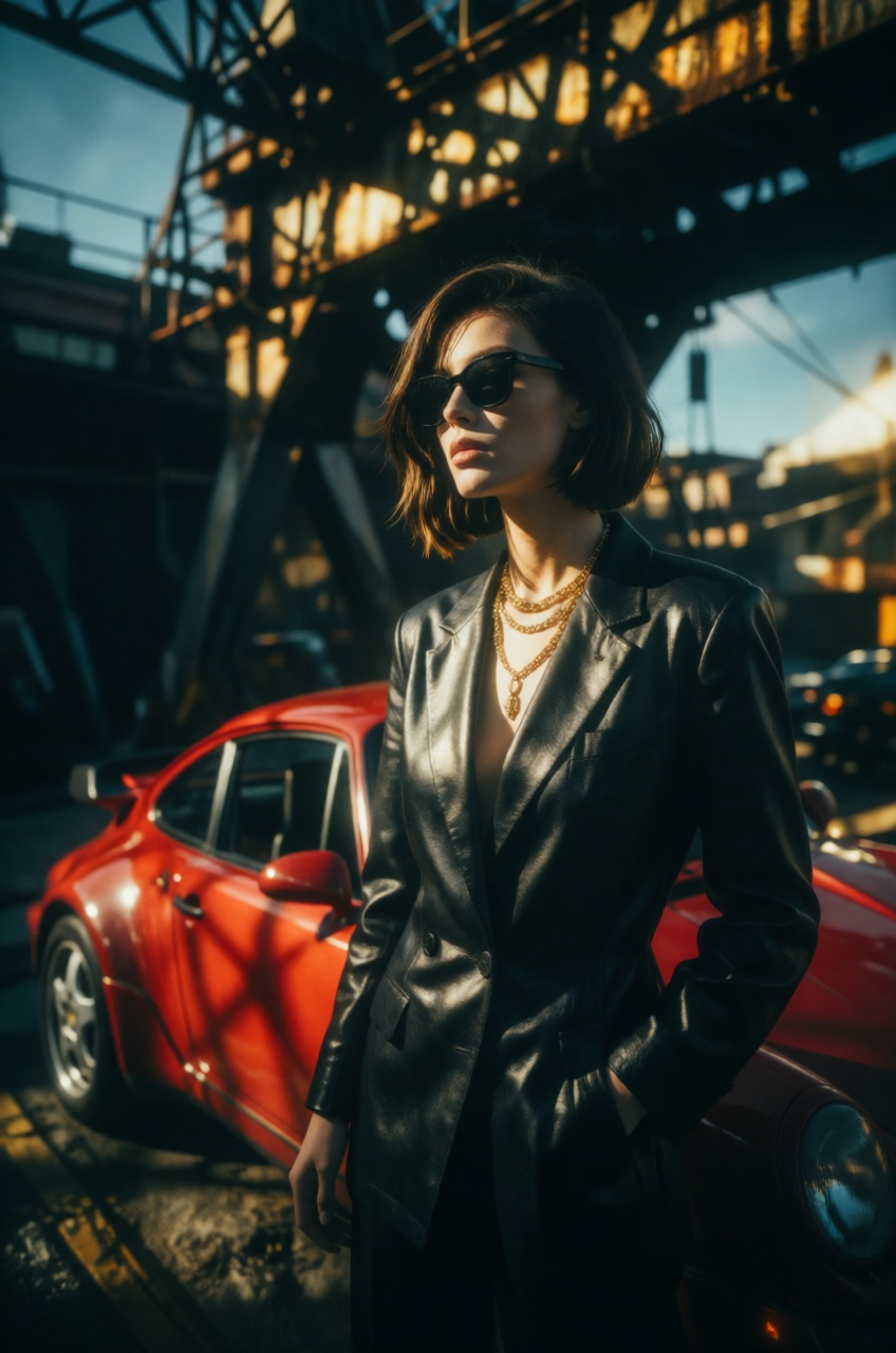 Cinematic ground-level wide-angle shot looking up at an elegant woman with a sleek 1980s asymmetrical bob haircut,  styled...