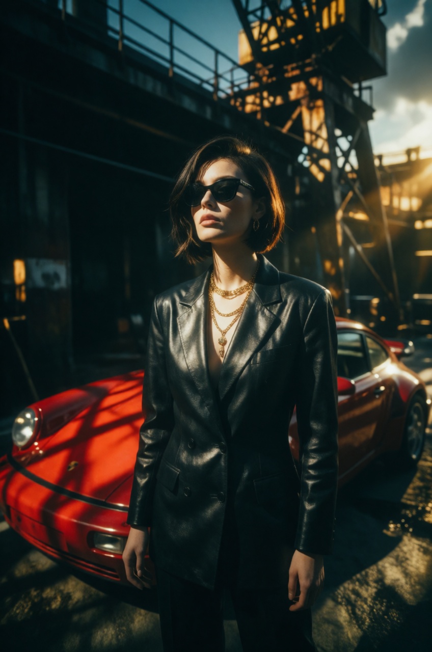 Cinematic ground-level wide-angle shot looking up at an elegant woman with a sleek 1980s asymmetrical bob haircut,  styled...