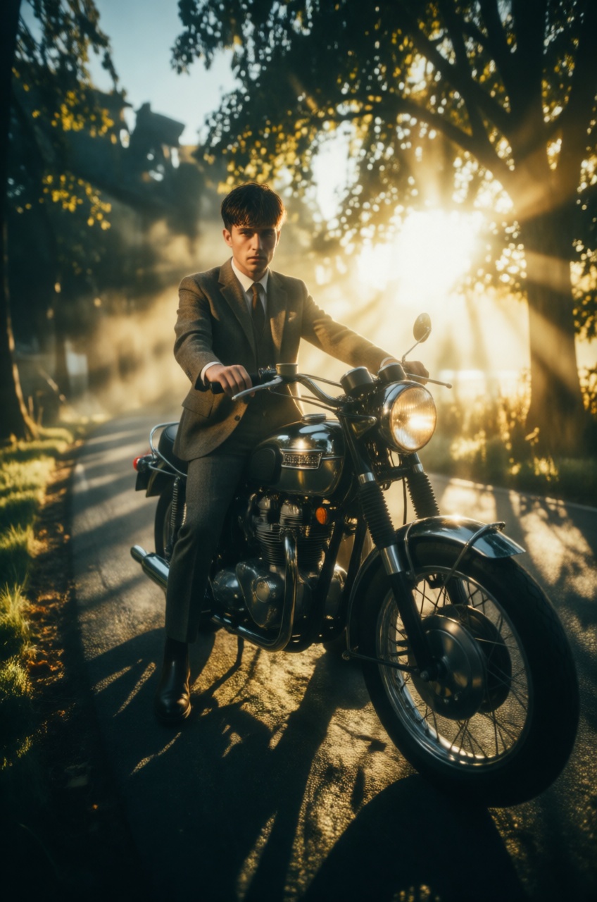 Cinematic wide-angle view from a low worm's-eye perspective of a man with a 1960s rugged mod crop haircut,  dressed in a s...