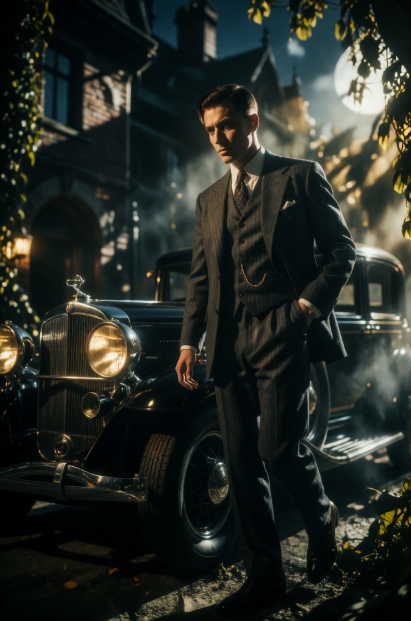 Extreme low-angle hero shot of a gentleman with a neat 1920s slicked-back undercut,  wearing a tailored three-piece pinstr...