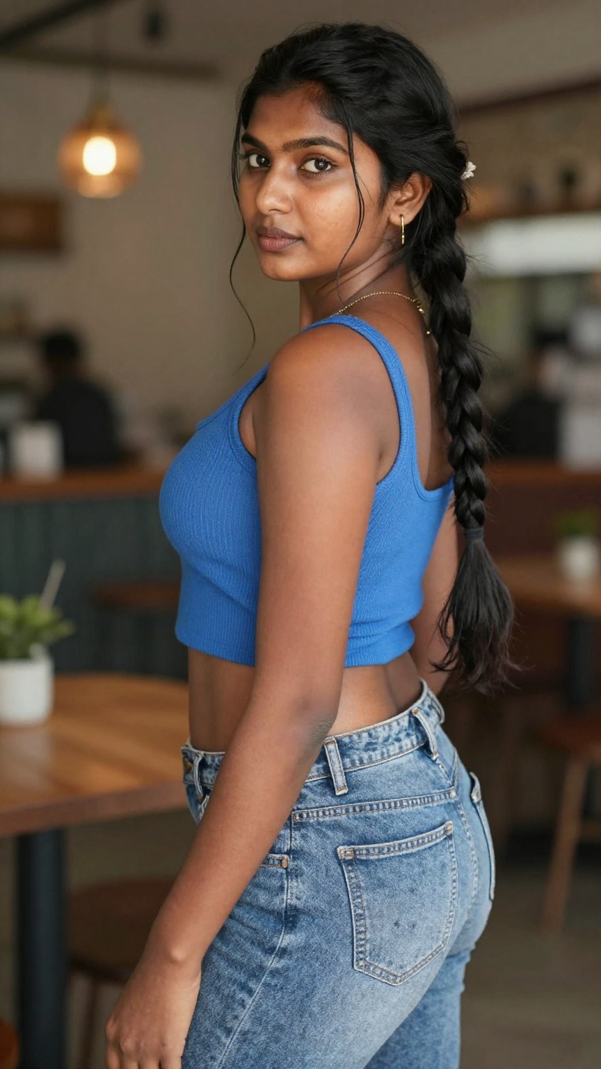 hyper realistic young South Indian woman rich deep dark brown skin visible pores natural grain long braid blue crop top ex...