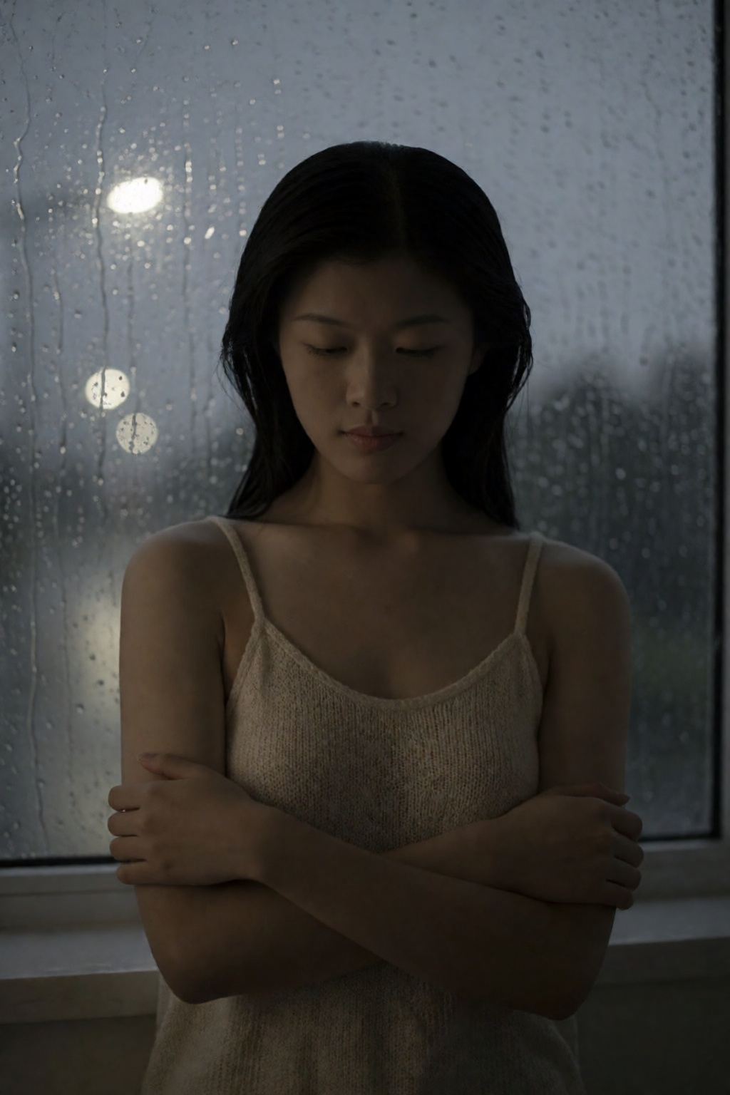 东亚女生人像摄影,  忧郁电影感居家写真风格,  人物站居家落地窗内侧 by 星光花园 on Tensor.Art