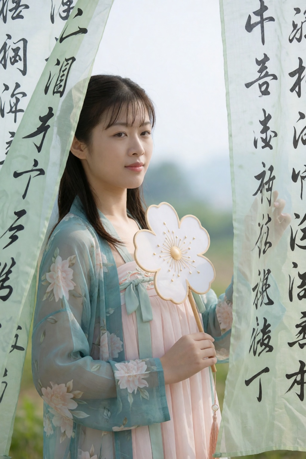 中国女孩小美,  In this medium-profile shot,  a young woman with dark brown hair and wispy bangs wears a layered hanfu ensemble b...