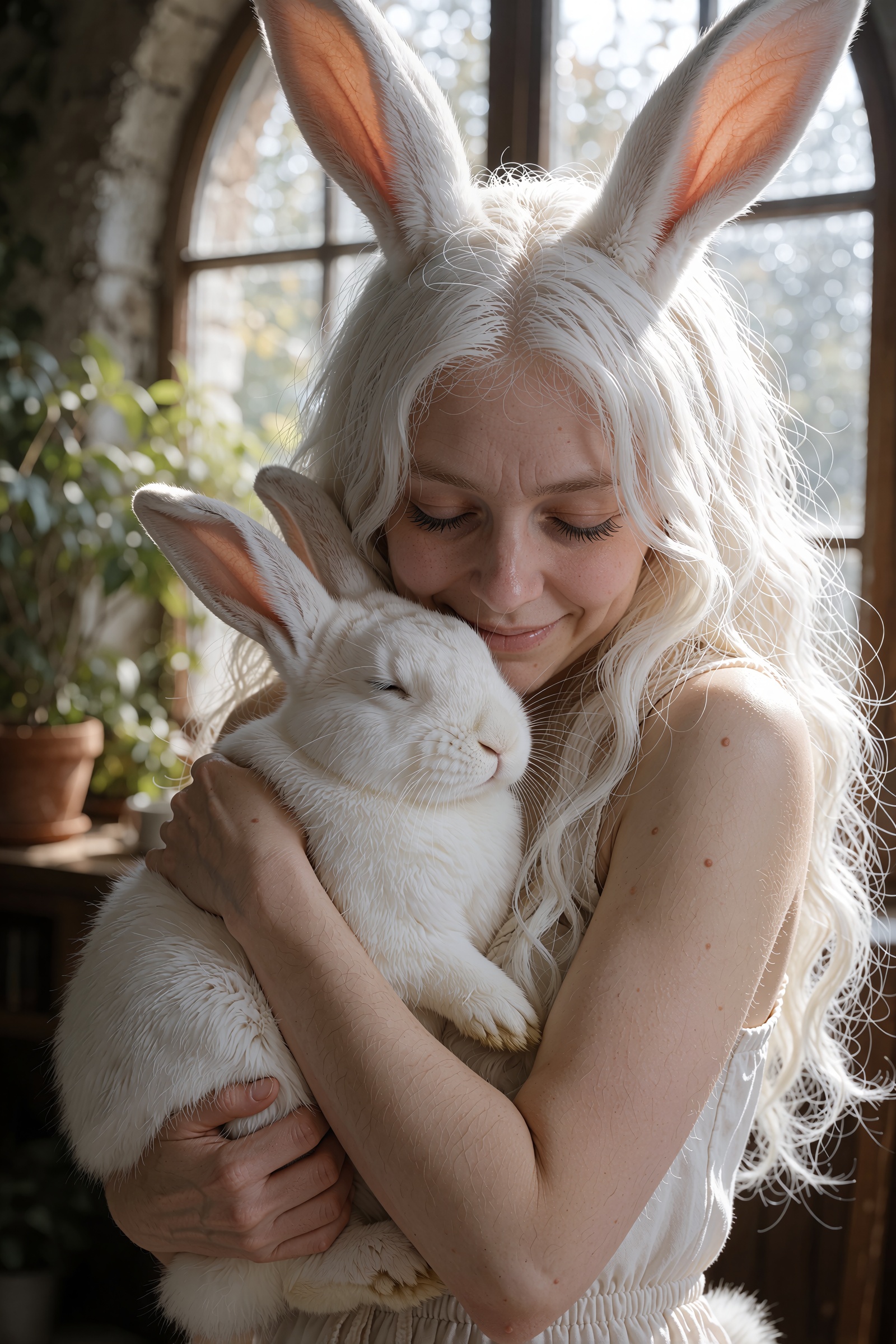 Photograph of a young woman with pale skin,  long wavy white hair,  and white rabbit ears on Tensor.Art
