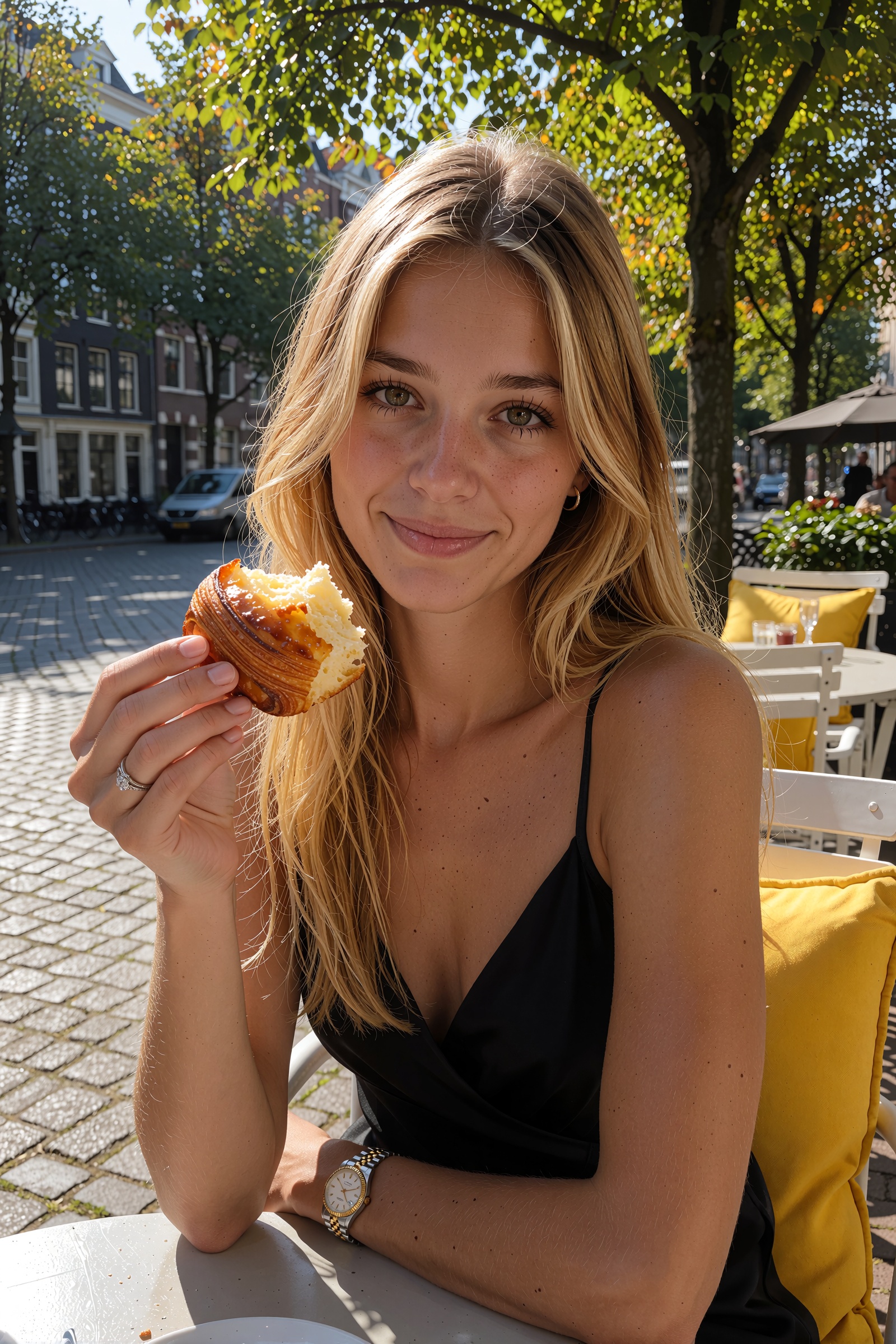 Dutch girl with smooth bronzed skin and a slender,  delicate build. Her straight golden-blonde hair reaches past her waist...