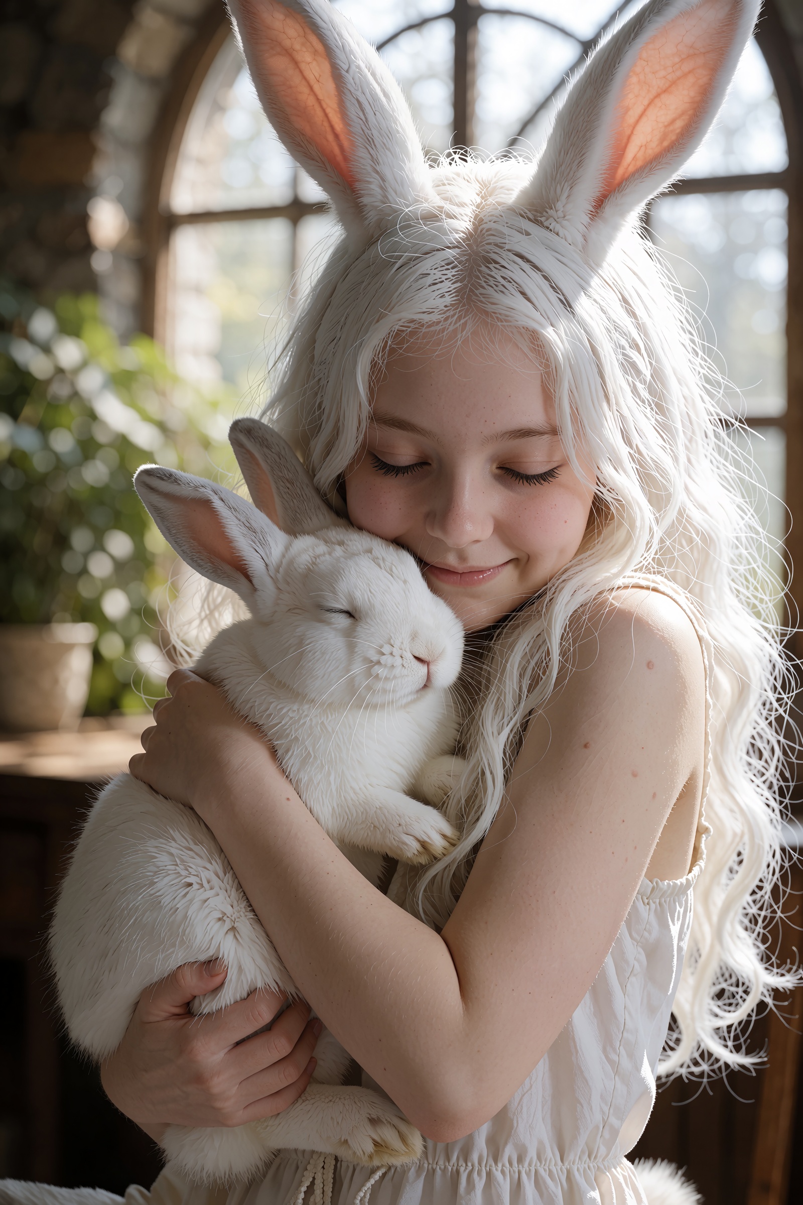 Photograph of a young woman with pale skin,  long wavy white hair,  and white rabbit ears on Tensor.Art