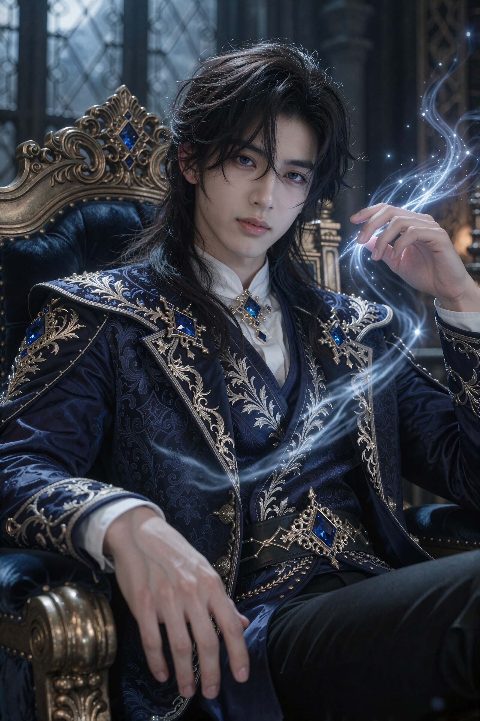 highly detailed portrait of a attiring,  masculine prince with striking sapphire-blue eyes and dark,  wavy hair. He has a...