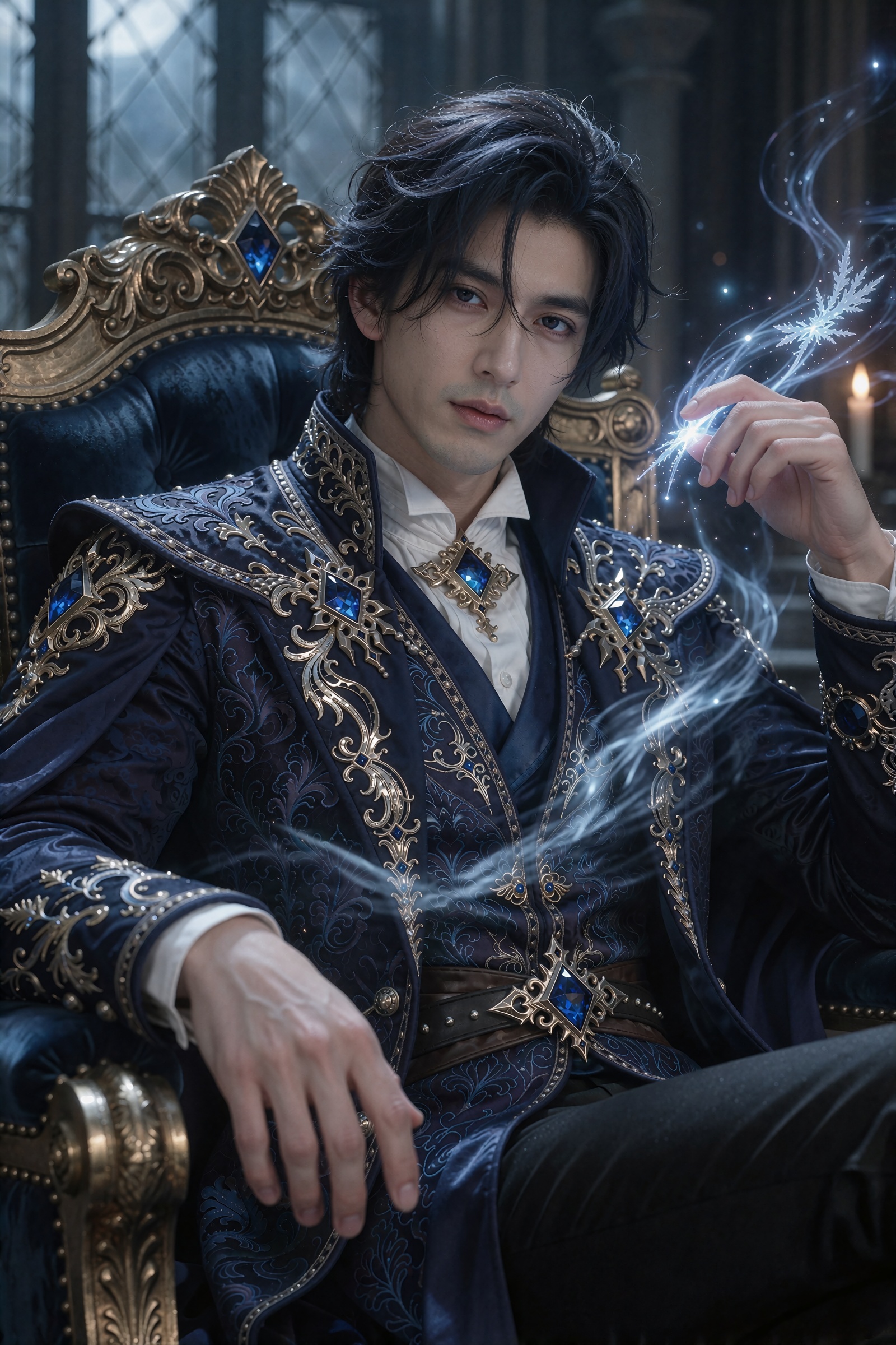 highly detailed portrait of a attiring,  masculine prince with striking sapphire-blue eyes and dark,  wavy hair. He has a...