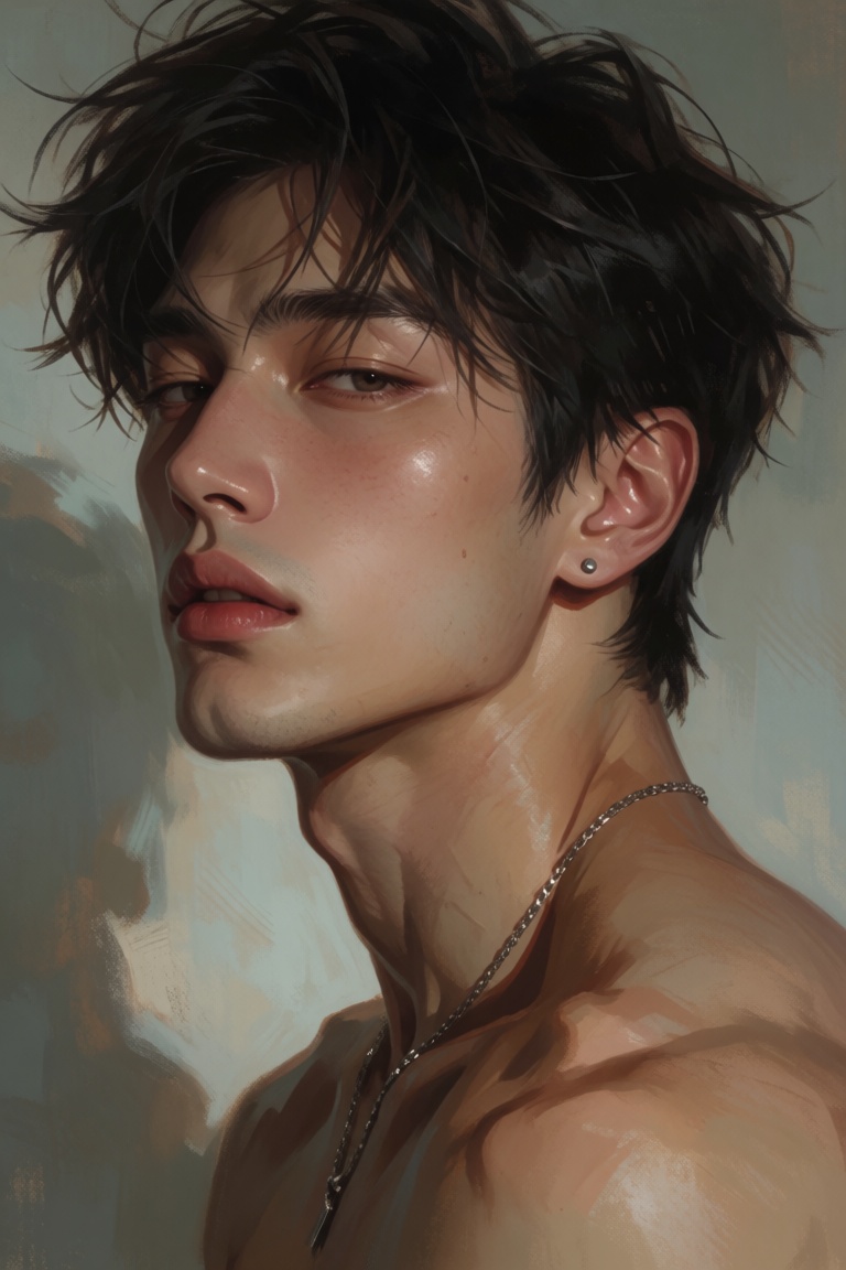 Waist-up portrait of a shirtless full body tattooed young East Asian man with tousled dark hair,  a neutral expression loo...