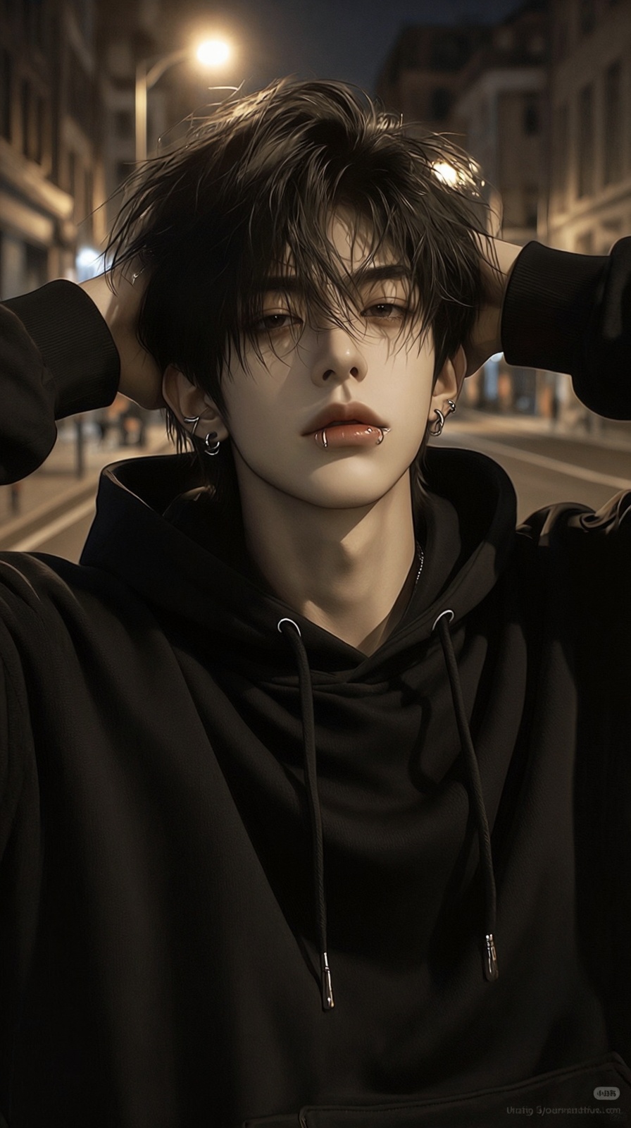 A close-up portrait shows a young man with dark,  tousled hair and an intense gaze,  resting his hands behind his head. He...