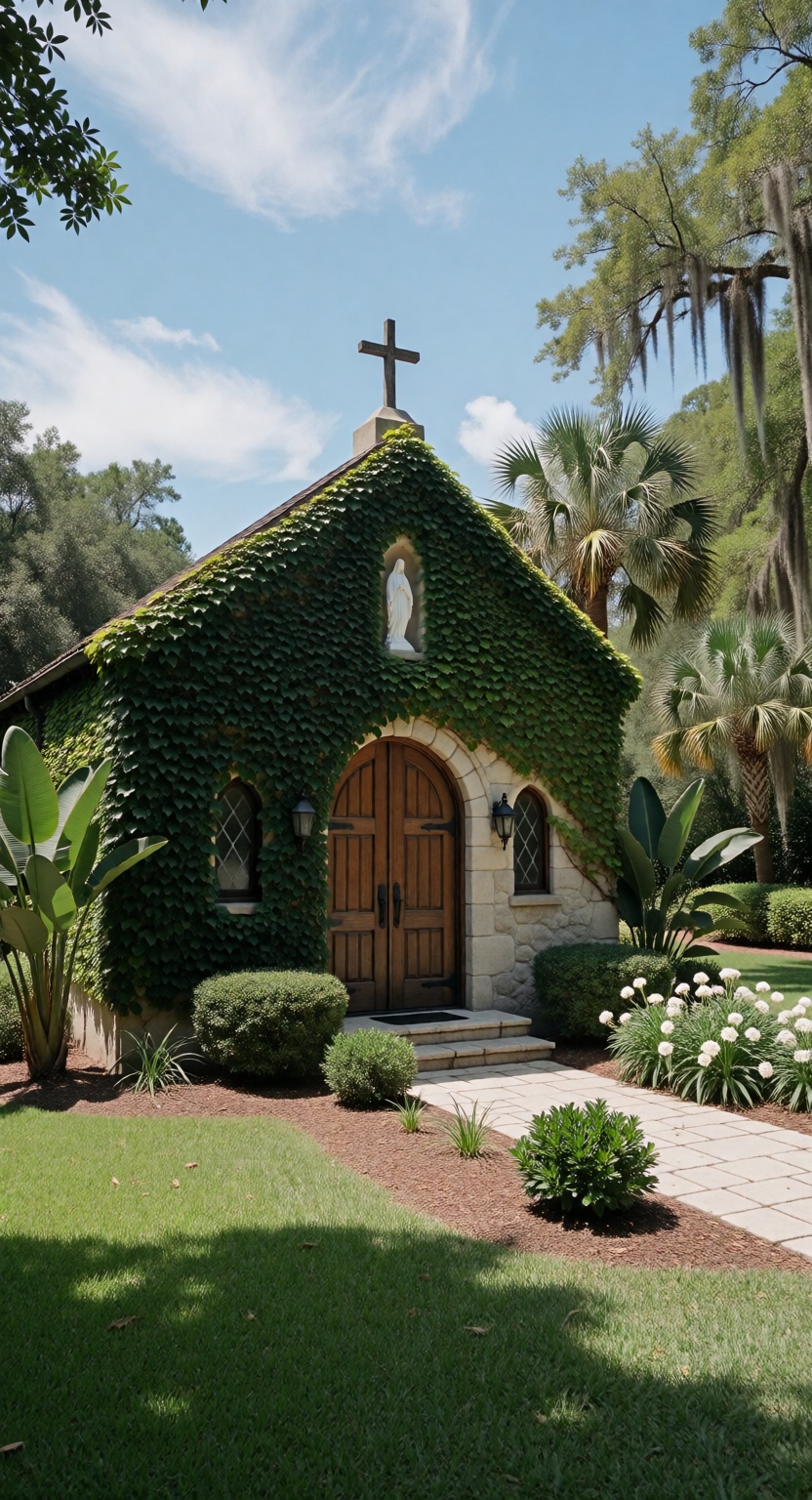 This is a picturesque,  sunlit photograph of a charming,  ivy-covered chapel or small church nestled in a lush on Tensor.Art