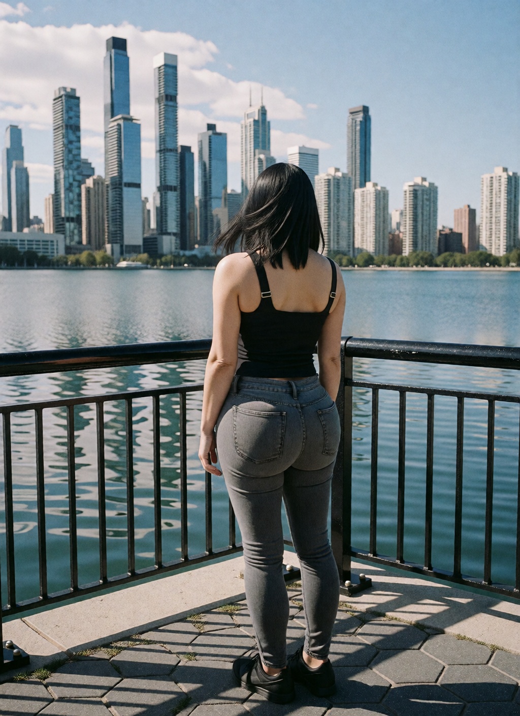 A young woman with black hair stands facing away from the camera,  looking out over a body of water toward a distant city...