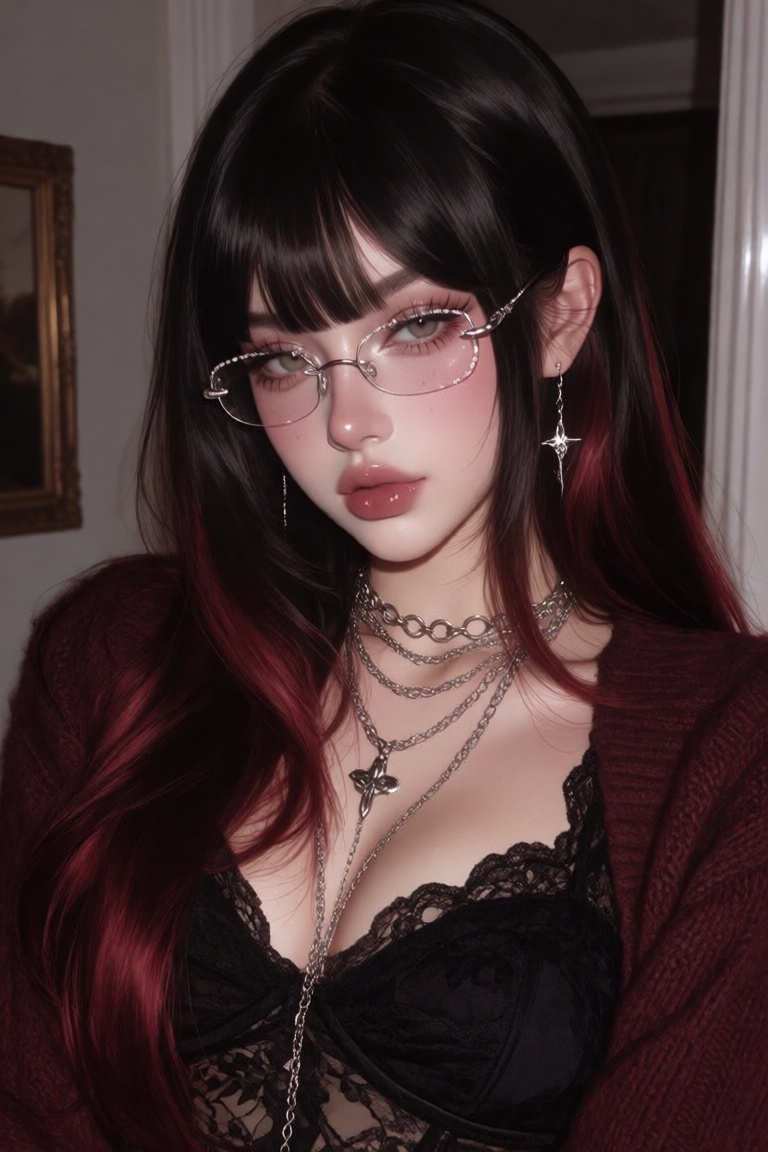 An ethereal close-up portrait of a young woman with a doll-like,  dark-coquette aesthetic posing indoors. She has long sle...