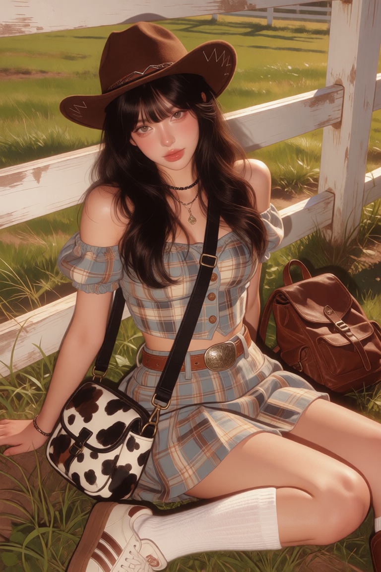 young woman with long dark wavy hair and blunt bangs sits leaning against a white wooden fence rail with her legs bent and...