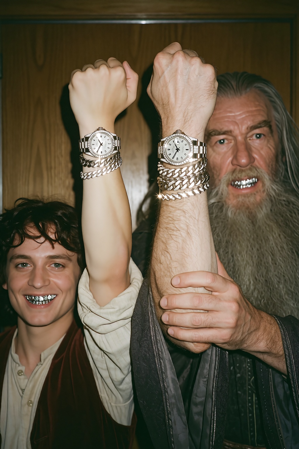 Subject 1 (on the left side of photo): Frodo Baggins raising its left wrist straight up,  showing off invisible set teeth...