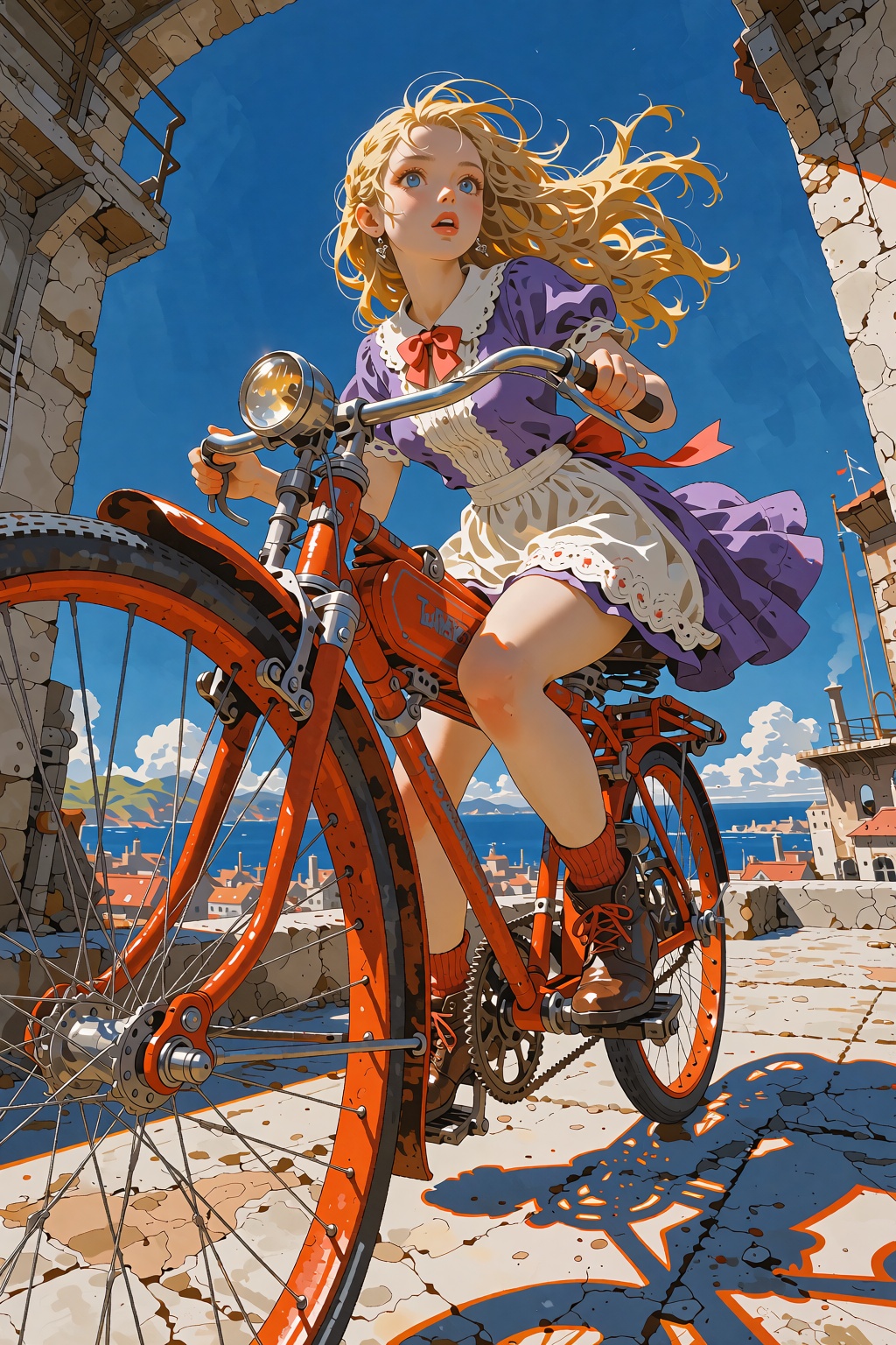 A breathtaking anime-style portrait captures a radiant young woman with flowing golden hair and wide blue eyes,  her expre...
