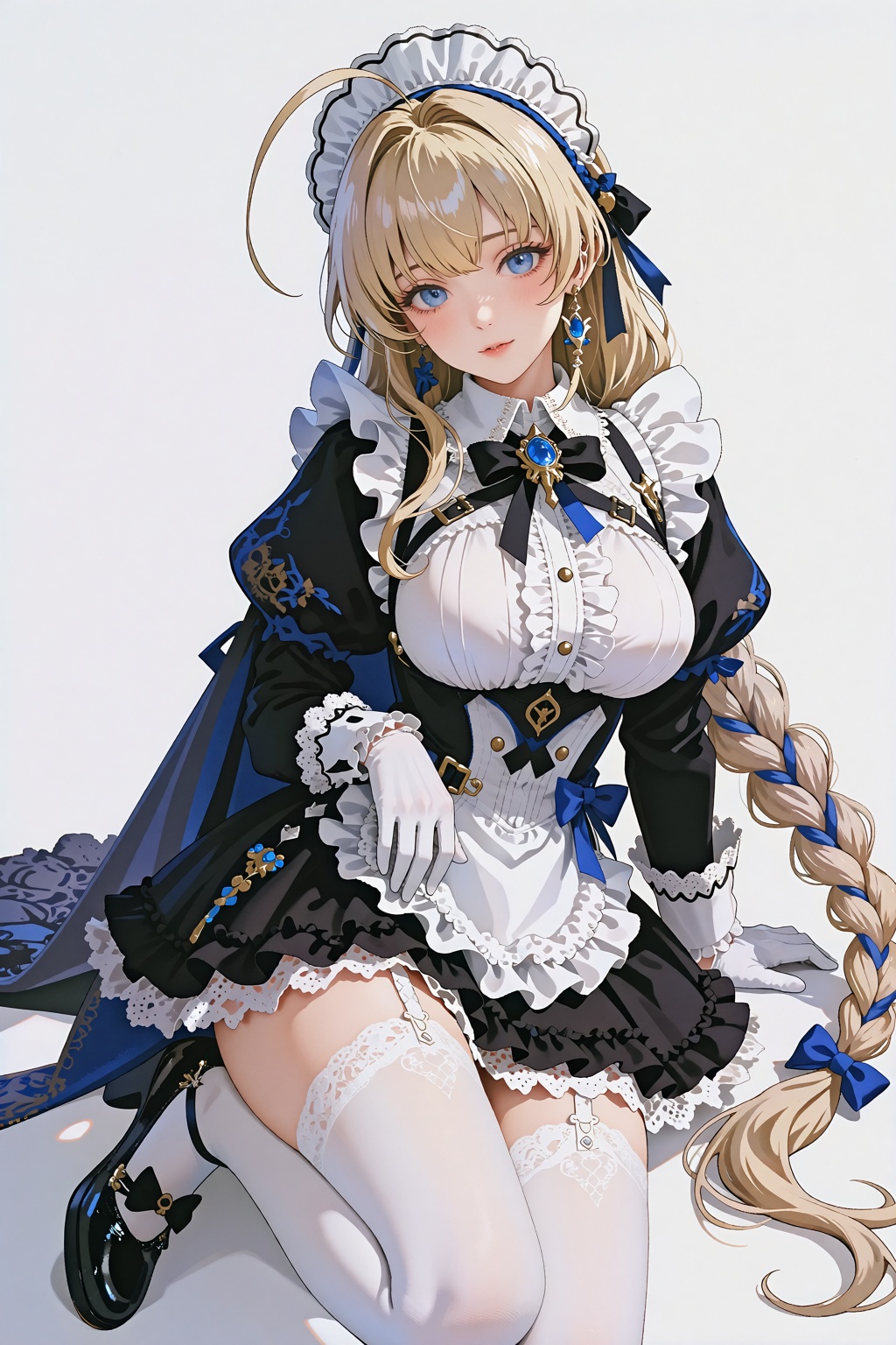 A polished full-body anime illustration of a beautiful ***** blonde girl in an elegant gothic maid-inspired outfit,  shown...