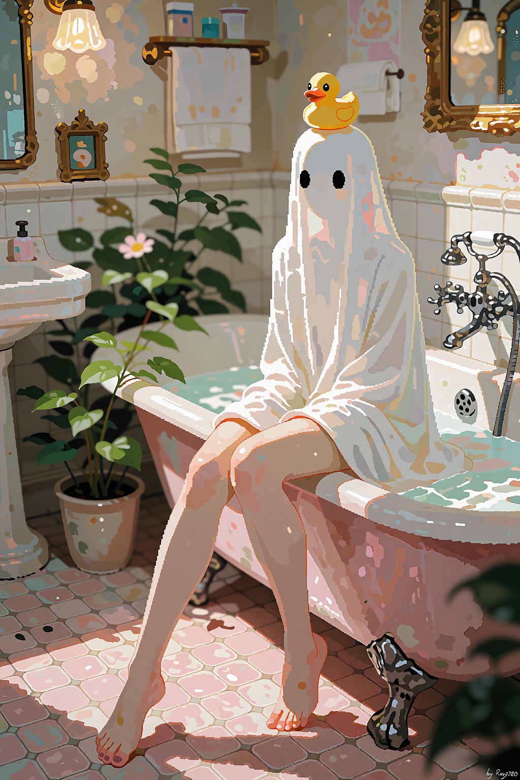A serene pixel art scene unfolds within a vintage bathroom,  where a ghostly white figure sits gracefully on a retro pink...