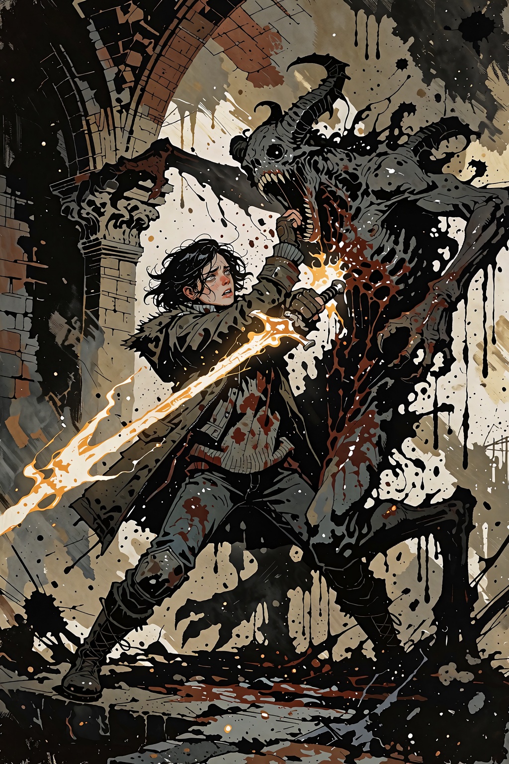 A chaotic,  expressionistic dark fantasy mixed-media illustration in the gritty,  graphic style of Ashley Wood on Tensor.Art