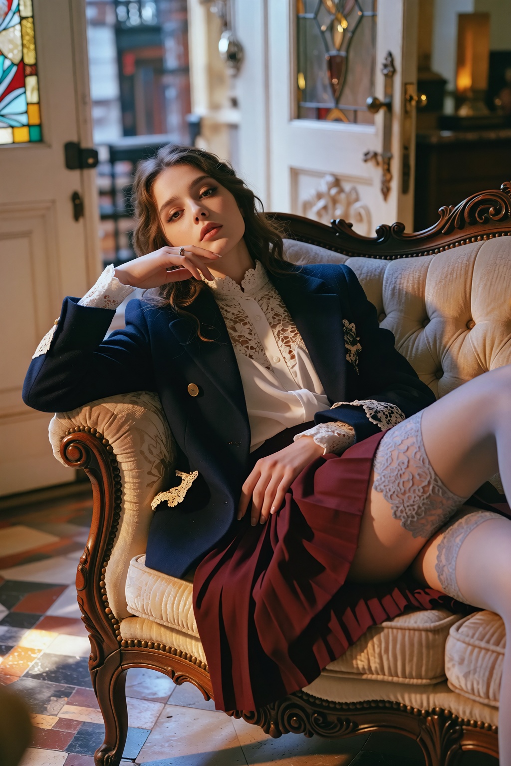 A young woman leans back with a relaxed grace on a vintage ivory velvet sofa,  her body positioned in an elegant recline a...