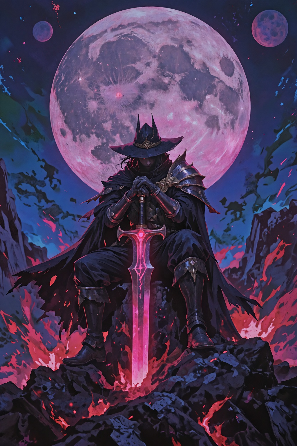 A lone,  dark warrior in tattered robes and a wide-brimmed hat sits on a rocky peak,  resting their hands on the hilt of a...