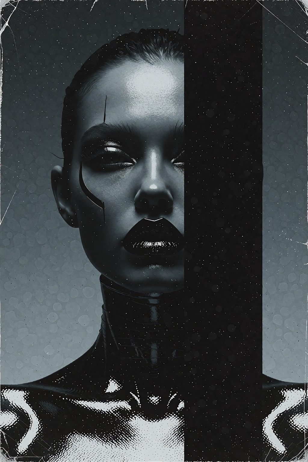 A striking cyber-noir graphic poster features a high-contrast close-up portrait of a woman with slicked-back hair staring...