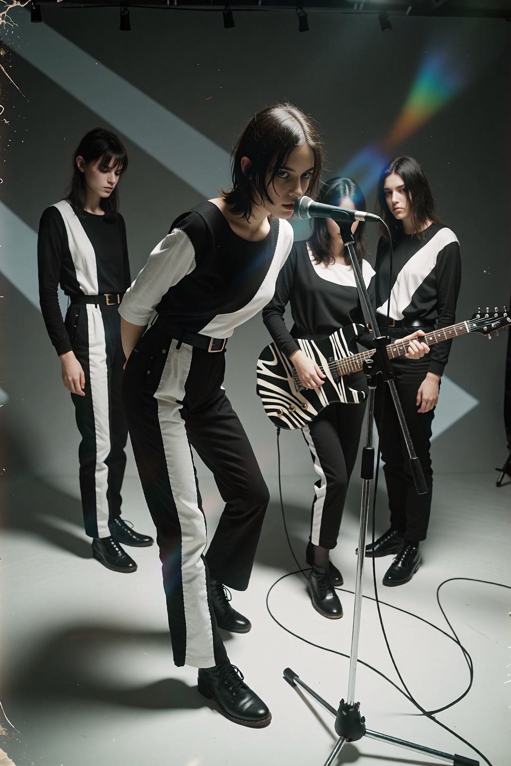 A publicity photo captures a 1980's alternative band foursome in matching black and white outfits that seamlessly blend wi...