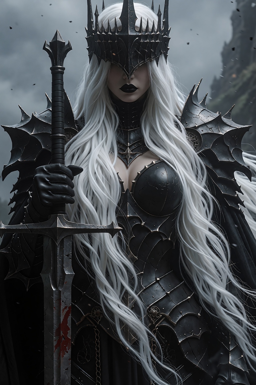A stunning digital artwork in high-fantasy style depicting a stern and imposing female warrior with a dark Gothic aestheti...