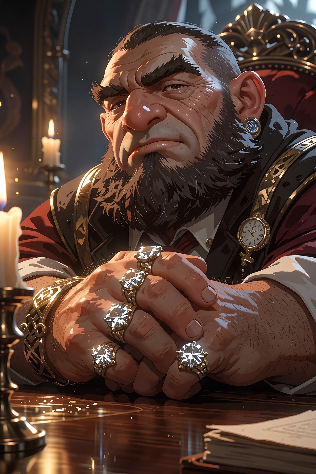 A very rich business dwarf sits at a polished wooden table,  his face lit by warm candlelight that casts soft shadows acro...