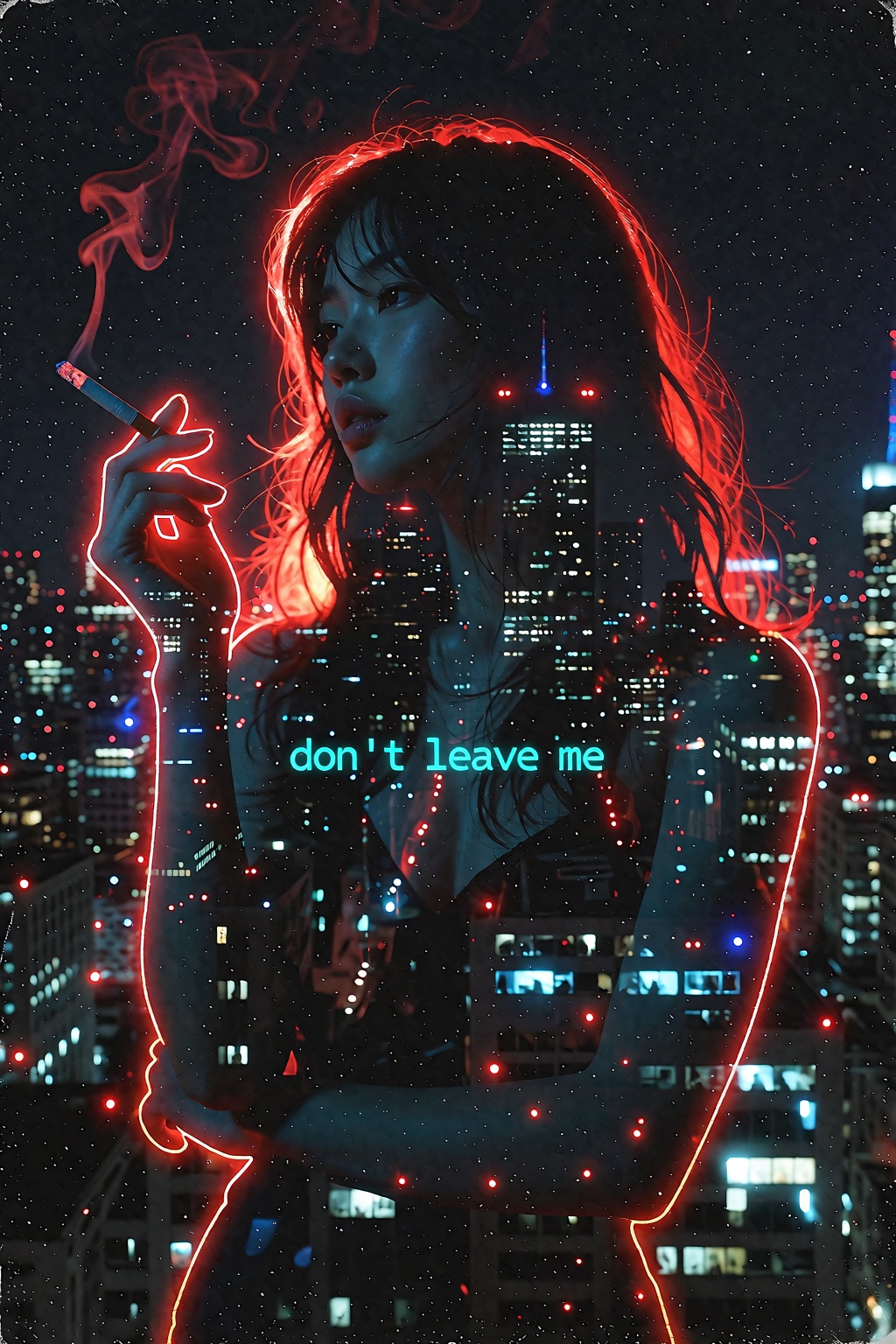 This is a double-exposure digital conceptual photograph with a heavy film grain texture. The image features a dark,  high-...