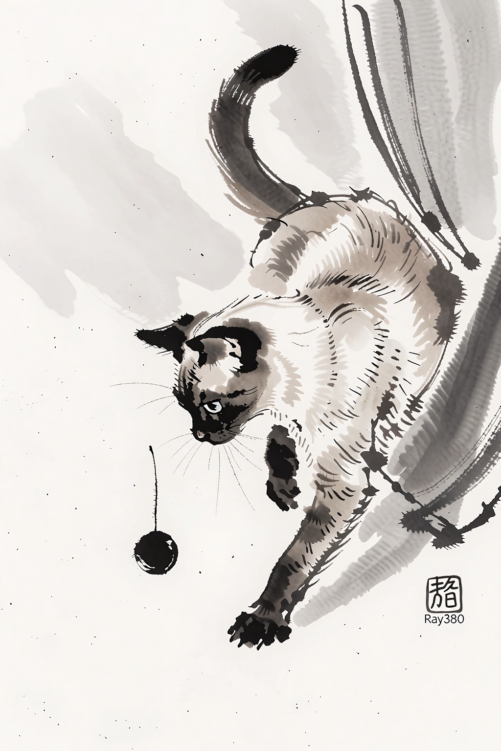 A delicate Chinese ink painting depicts a Siamese cat in playful motion,  its sleek form rendered with quick,  expressive...