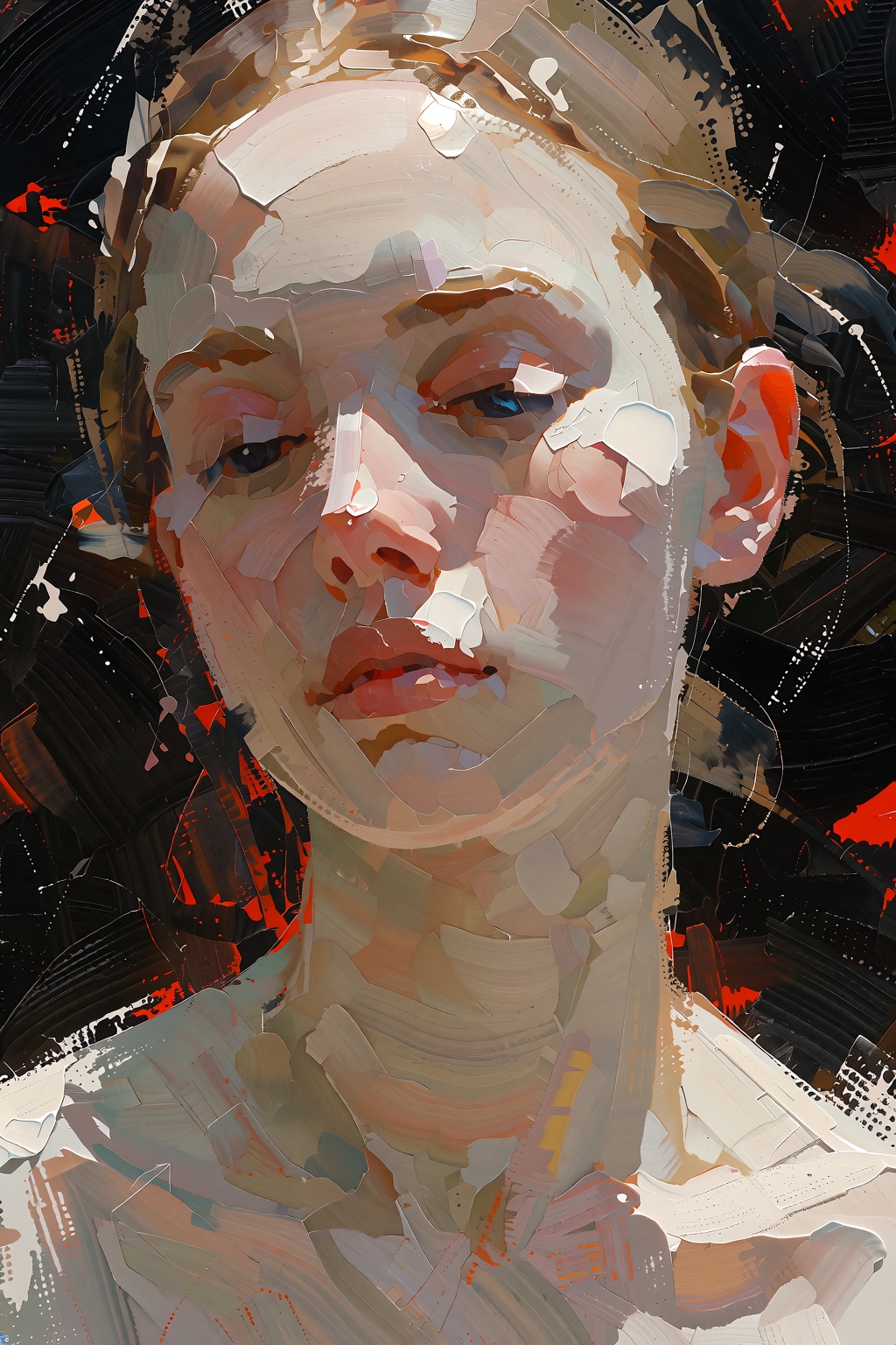 An abstract painting captures a woman's head and neck in close-up,  rendered through expressive brushstrokes that dominate...