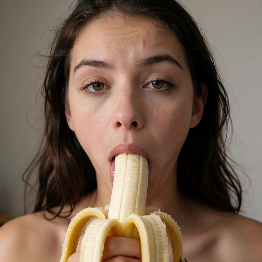 A young woman close-up shot,  she is sucking banana while looking at the camera on Tensor.Art
