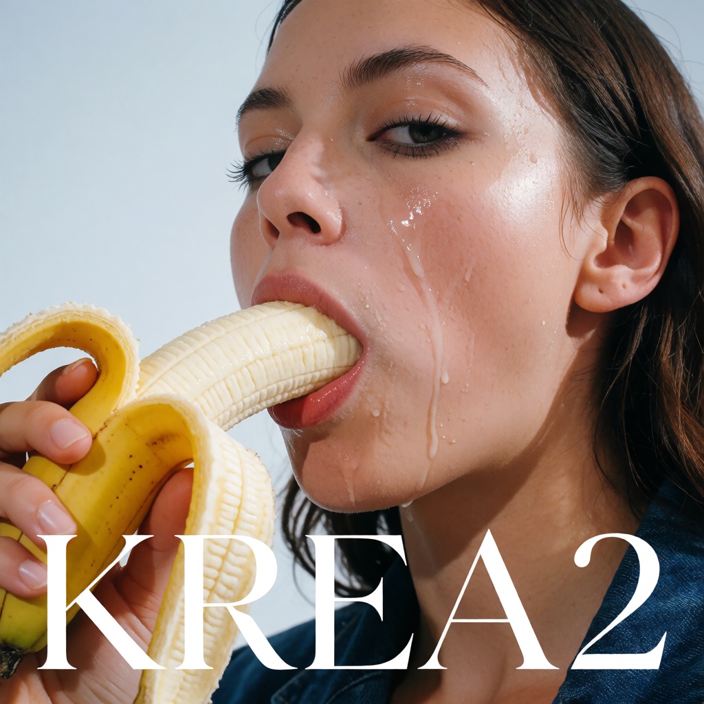 A close-up of a young woman,  she is inserting a banana into her mouth while looking directly at the camera with a confide...