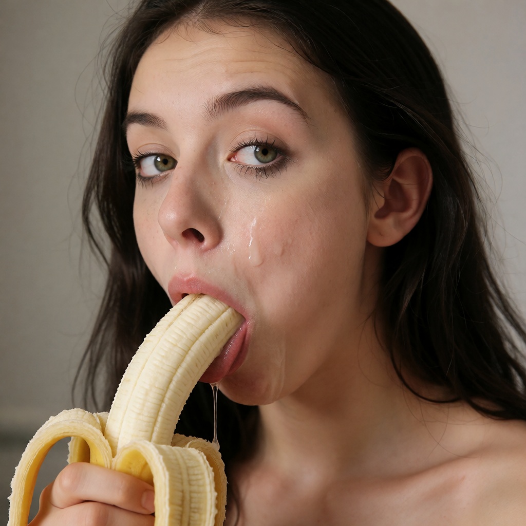 A young woman close-up shot,  she is sucking banana while looking at the camera on Tensor.Art