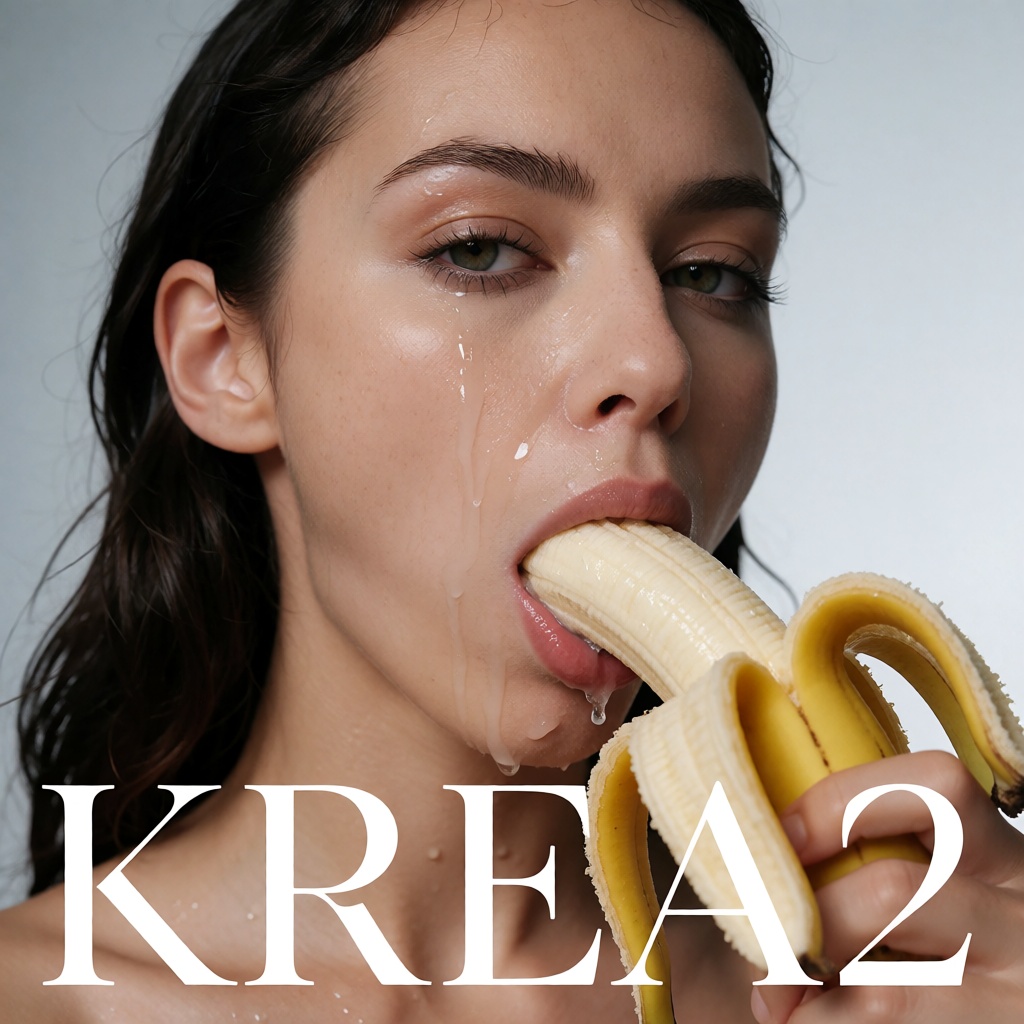 A close-up of a young woman,  she is inserting a banana into her mouth while looking directly at the camera with a confide...