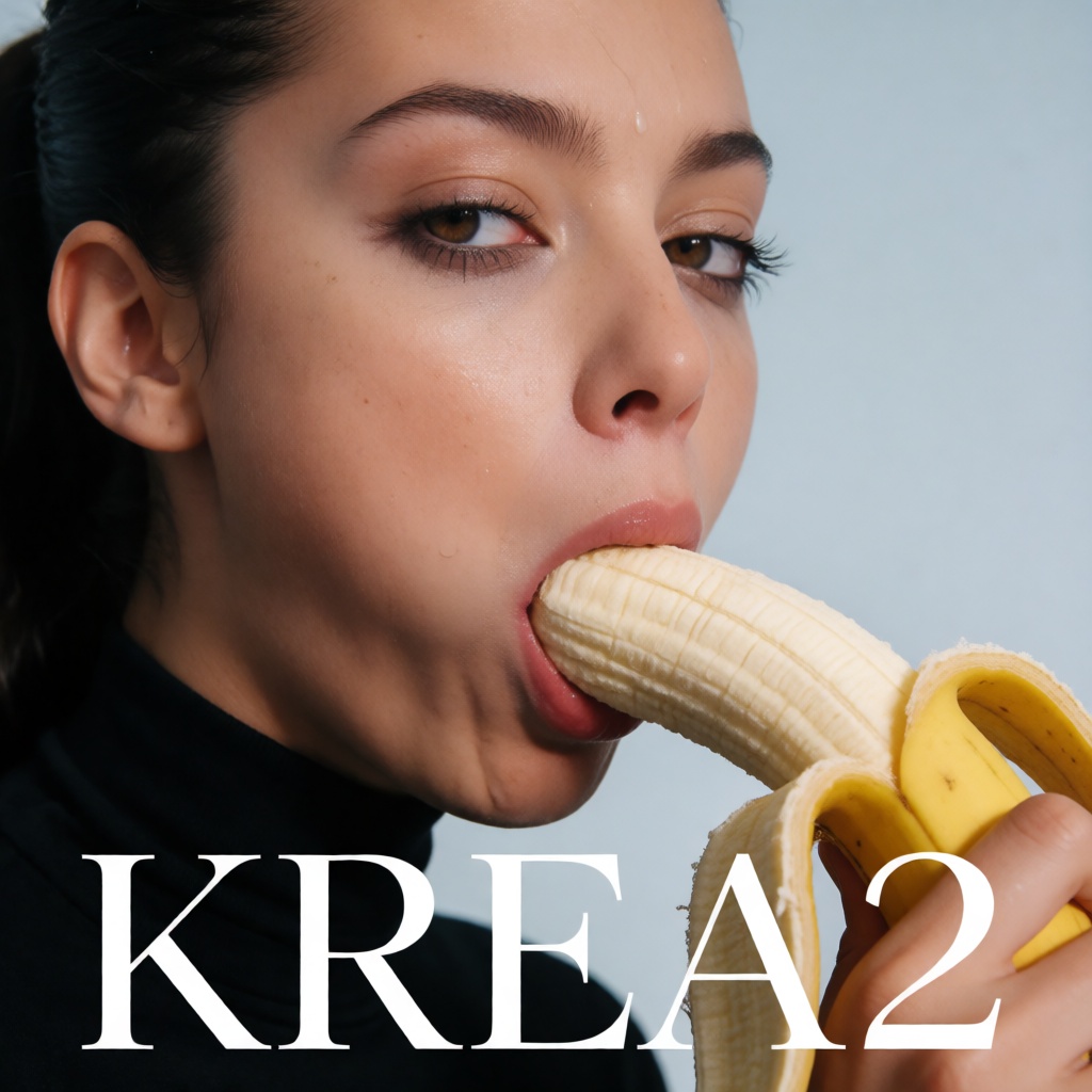 A close-up of a young woman,  she is inserting a banana into her mouth while looking directly at the camera with a confide...