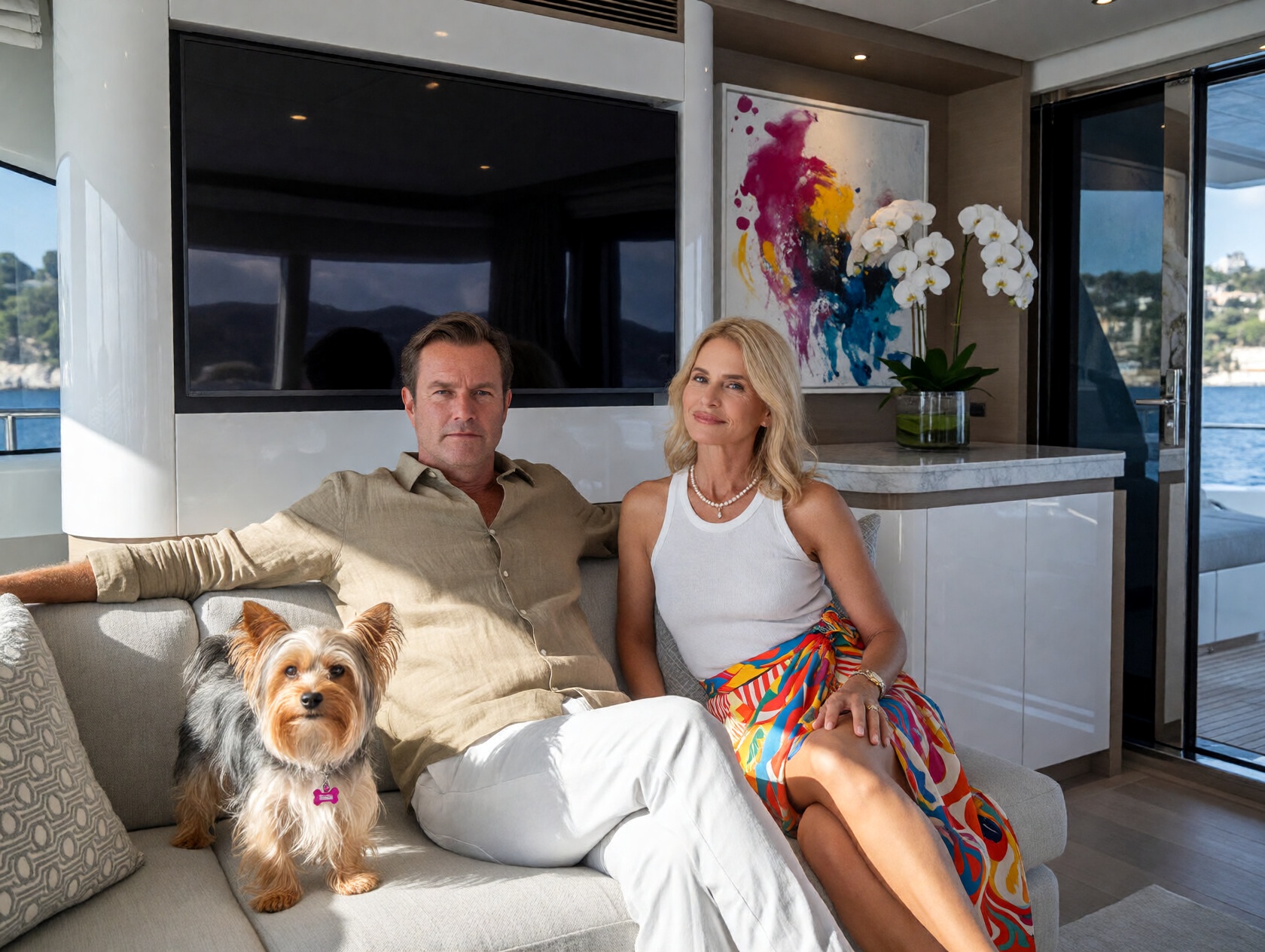 {"high_level_description":"A high-fidelity commercial photograph capturing a wealthy couple and their small dog lounging o...