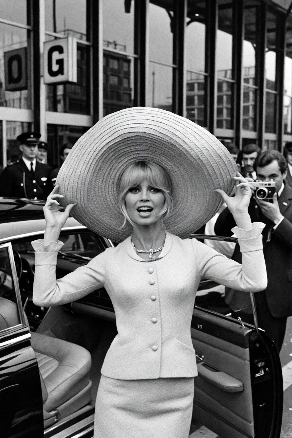 {"high_level_description":"1960s black-and-white photography capturing Brigitte Bardot in London. She wears an oversized s...