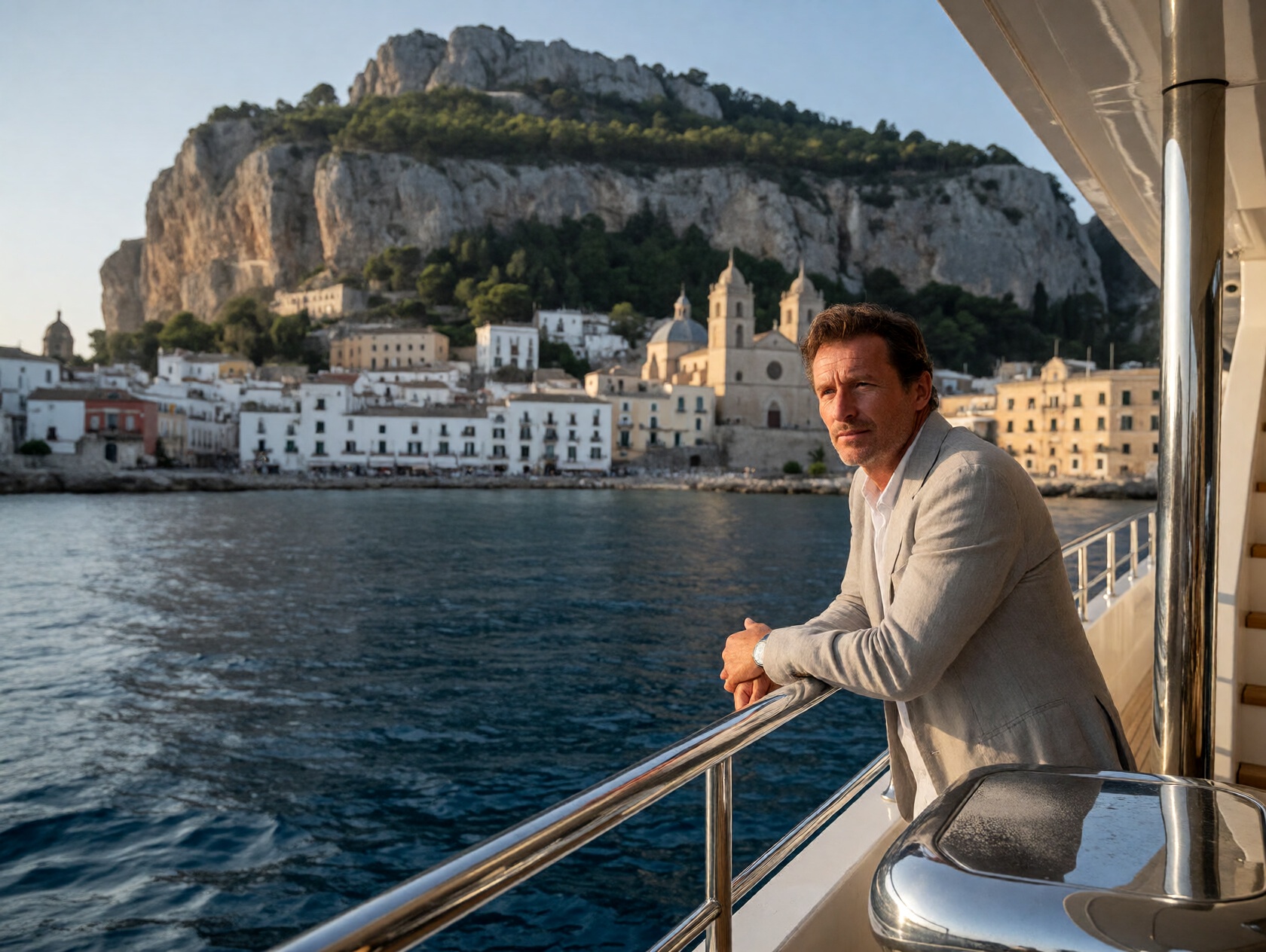 {"high_level_description":"Cinematic photograph of a pensive,  middle-aged Caucasian man leaning on a yacht railing agains...