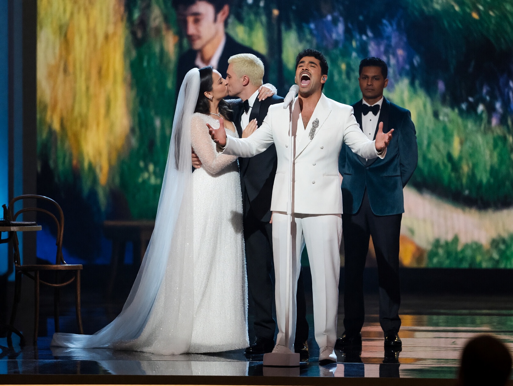 {"high_level_description":"Cinematic theatrical stage performance featuring a dramatic operatic singer in white,  flanked...
